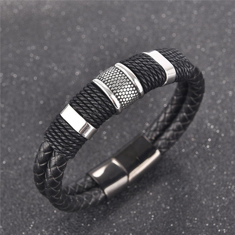 Veyra Men's Braided Leather Bracelet - Vintage Titanium Steel