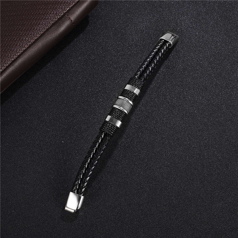 Veyra Men's Braided Leather Bracelet - Vintage Titanium Steel