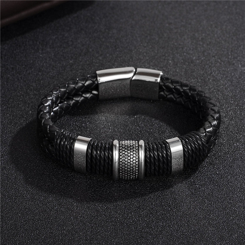 Veyra Men's Braided Leather Bracelet - Vintage Titanium Steel