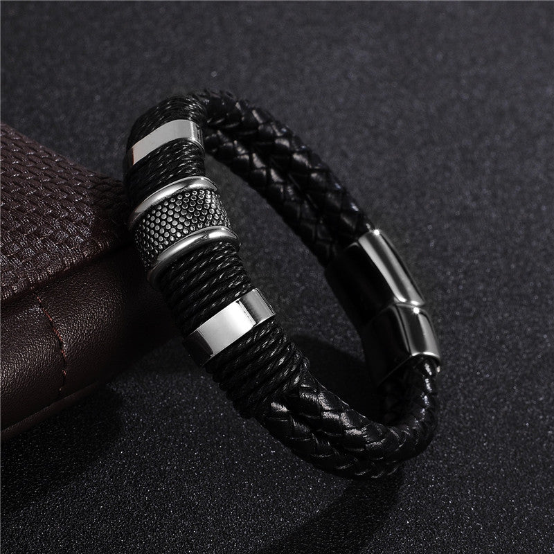 Veyra Men's Braided Leather Bracelet - Vintage Titanium Steel